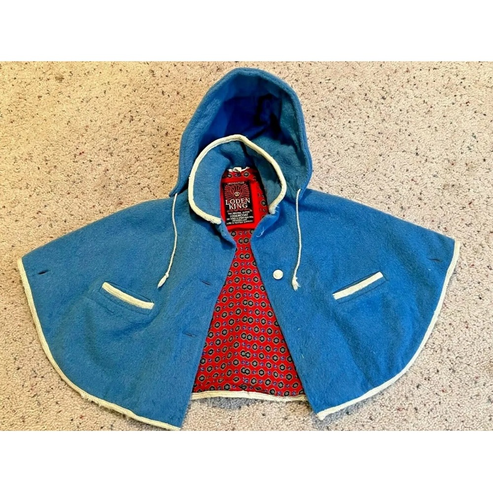 Vintage Kids Blue Wool Original Loden King Lodencoat Cape / Poncho West Germany